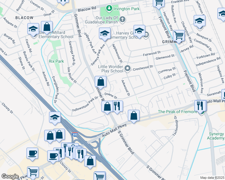 map of restaurants, bars, coffee shops, grocery stores, and more near 43162 Mayfair Park Avenue in Fremont