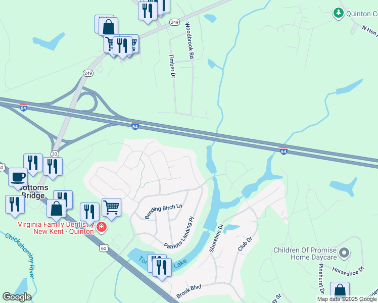 map of restaurants, bars, coffee shops, grocery stores, and more near 7927 Patriots Landing Place in Quinton