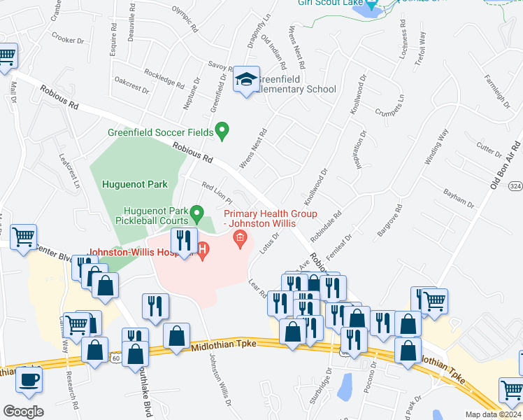 map of restaurants, bars, coffee shops, grocery stores, and more near 1725 Early Settlers Road in Richmond