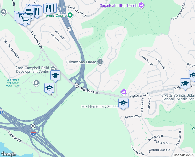 map of restaurants, bars, coffee shops, grocery stores, and more near 5 Christian Ct in Belmont