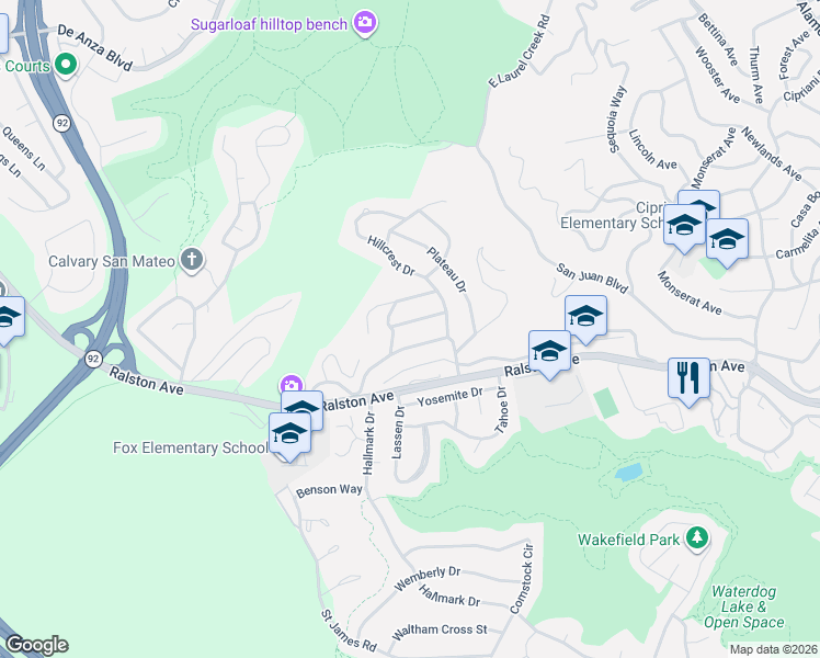 map of restaurants, bars, coffee shops, grocery stores, and more near 3617 Reposo Way in Belmont