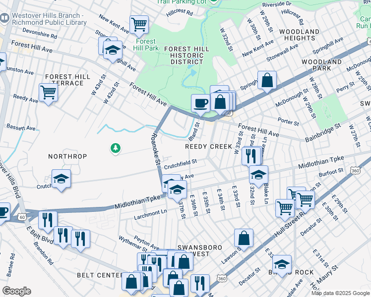 map of restaurants, bars, coffee shops, grocery stores, and more near 214 Bland Street in Richmond