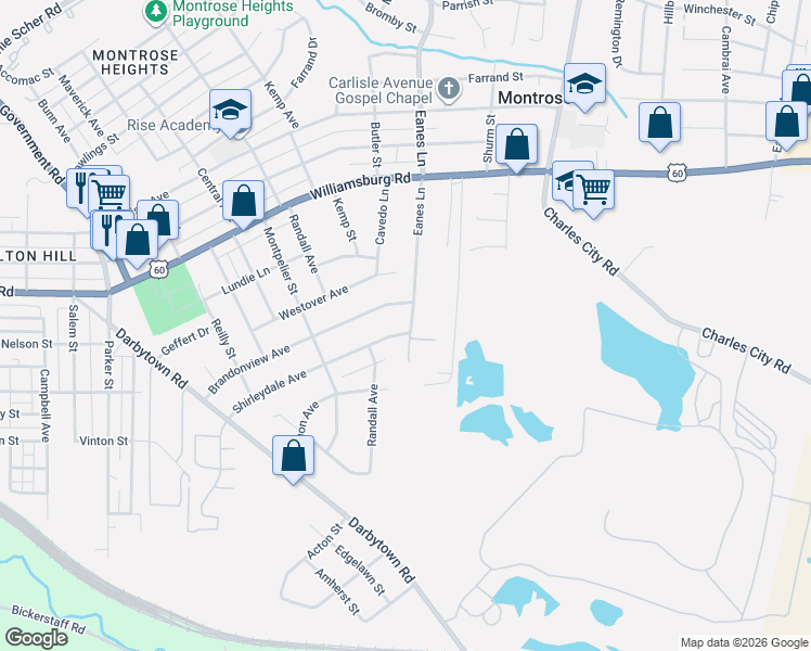 map of restaurants, bars, coffee shops, grocery stores, and more near 2216 Shirleydale Avenue in Richmond