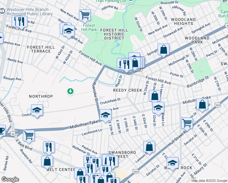 map of restaurants, bars, coffee shops, grocery stores, and more near 214 Bland Street in Richmond