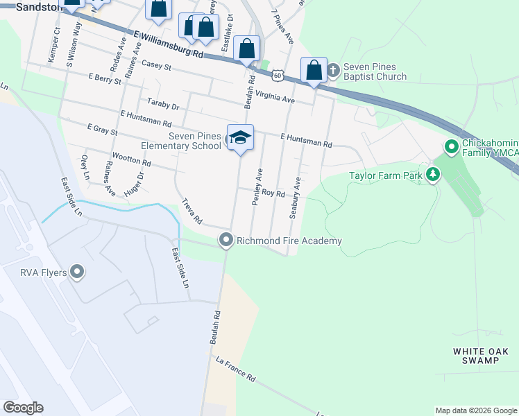 map of restaurants, bars, coffee shops, grocery stores, and more near 406 Penley Avenue in Sandston
