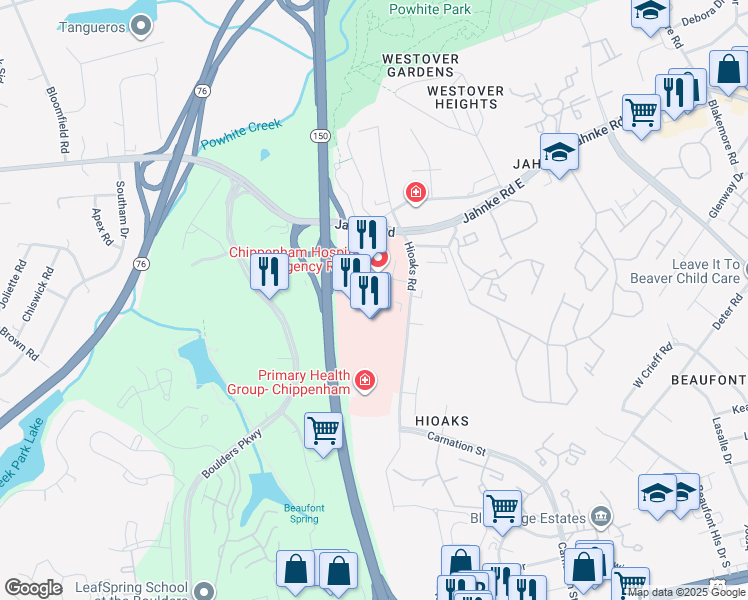 map of restaurants, bars, coffee shops, grocery stores, and more near 7101 Jahnke Road in Richmond