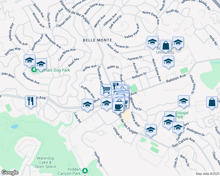 map of restaurants, bars, coffee shops, grocery stores, and more near 843 Covington Road in Belmont