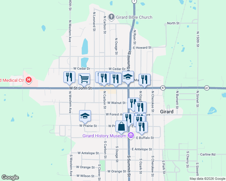 map of restaurants, bars, coffee shops, grocery stores, and more near 200-298 N Osage St in Girard