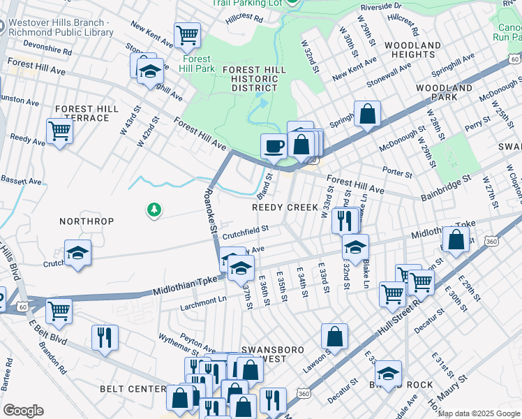 map of restaurants, bars, coffee shops, grocery stores, and more near 213 Bland Street in Richmond