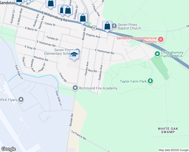 map of restaurants, bars, coffee shops, grocery stores, and more near 404 Sandston Avenue in Sandston