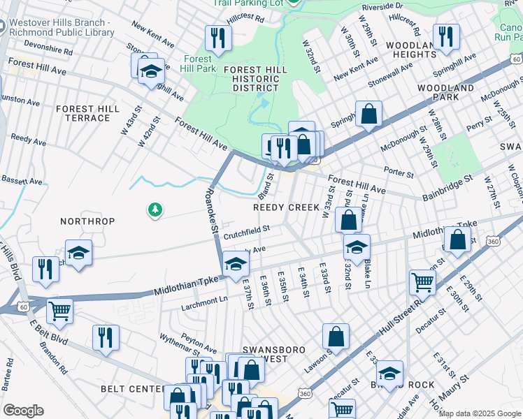 map of restaurants, bars, coffee shops, grocery stores, and more near 213 Bland Street in Richmond