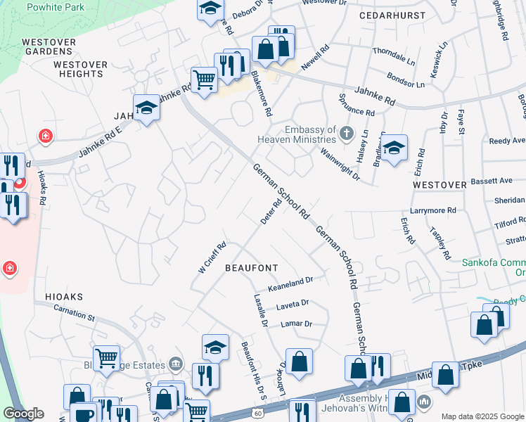 map of restaurants, bars, coffee shops, grocery stores, and more near 804 Deter Rd in Richmond