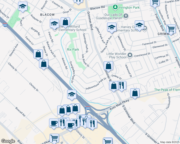map of restaurants, bars, coffee shops, grocery stores, and more near 43100 Isle Royal Street in Fremont