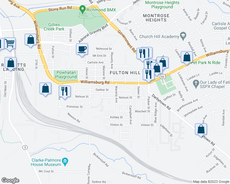 map of restaurants, bars, coffee shops, grocery stores, and more near 1319 Garber Street in Richmond