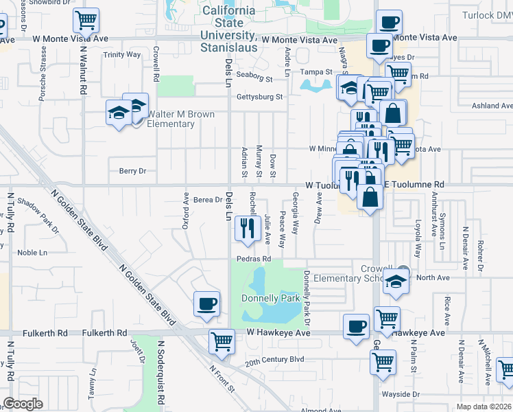 map of restaurants, bars, coffee shops, grocery stores, and more near 2281 Rochelle Avenue in Turlock