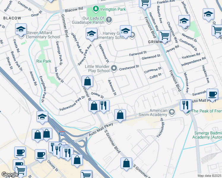 map of restaurants, bars, coffee shops, grocery stores, and more near 43319 Arkwood Street in Fremont
