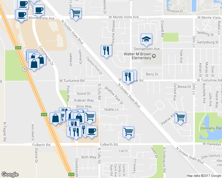 map of restaurants, bars, coffee shops, grocery stores, and more near 1977 Shadow Park Drive in Turlock