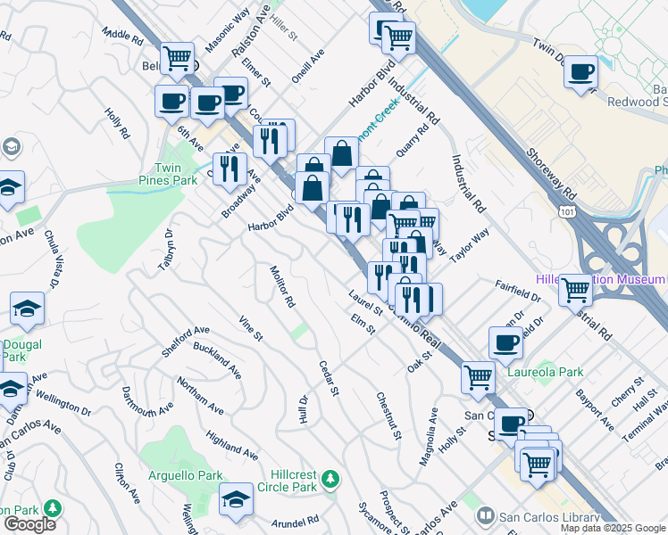 map of restaurants, bars, coffee shops, grocery stores, and more near 1633 6th Avenue in Belmont