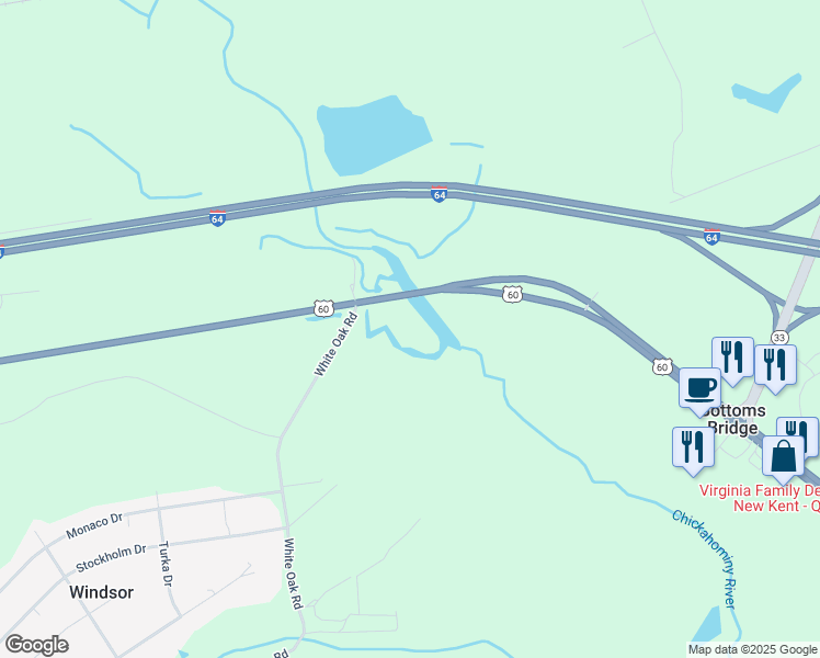 map of restaurants, bars, coffee shops, grocery stores, and more near 5457 White Oak Road in Sandston