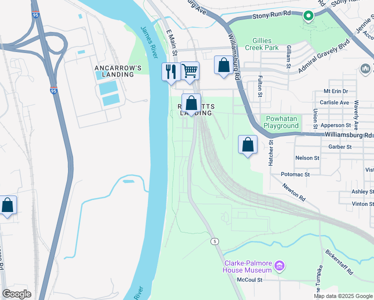 map of restaurants, bars, coffee shops, grocery stores, and more near 5101 Old Main Street in Richmond