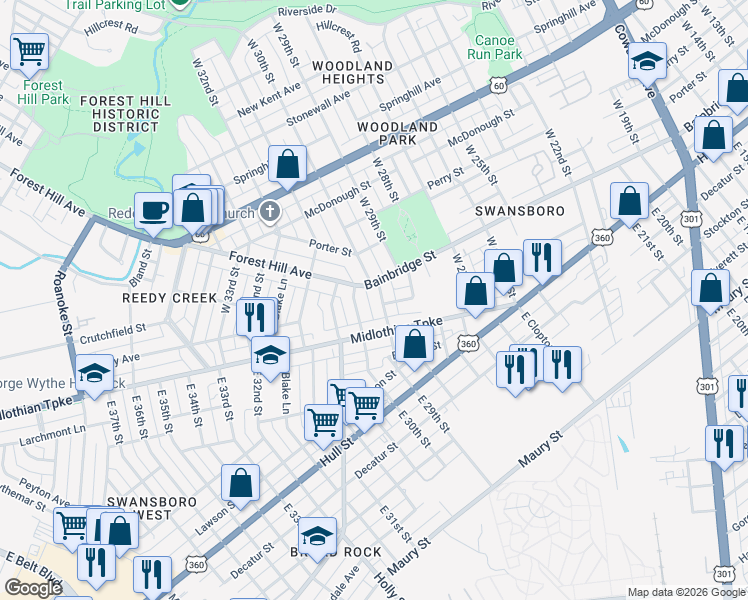 map of restaurants, bars, coffee shops, grocery stores, and more near 17 West 29th Street in Richmond