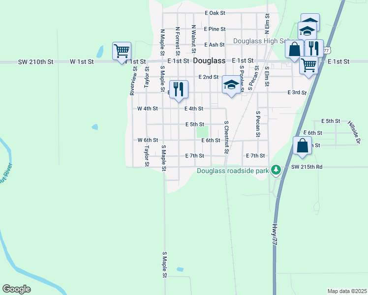 map of restaurants, bars, coffee shops, grocery stores, and more near 613 South Walnut Street in Douglass