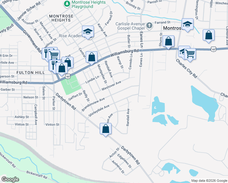 map of restaurants, bars, coffee shops, grocery stores, and more near 2106 Brandonview Avenue in Richmond
