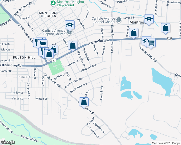 map of restaurants, bars, coffee shops, grocery stores, and more near 2106 Brandonview Avenue in Richmond