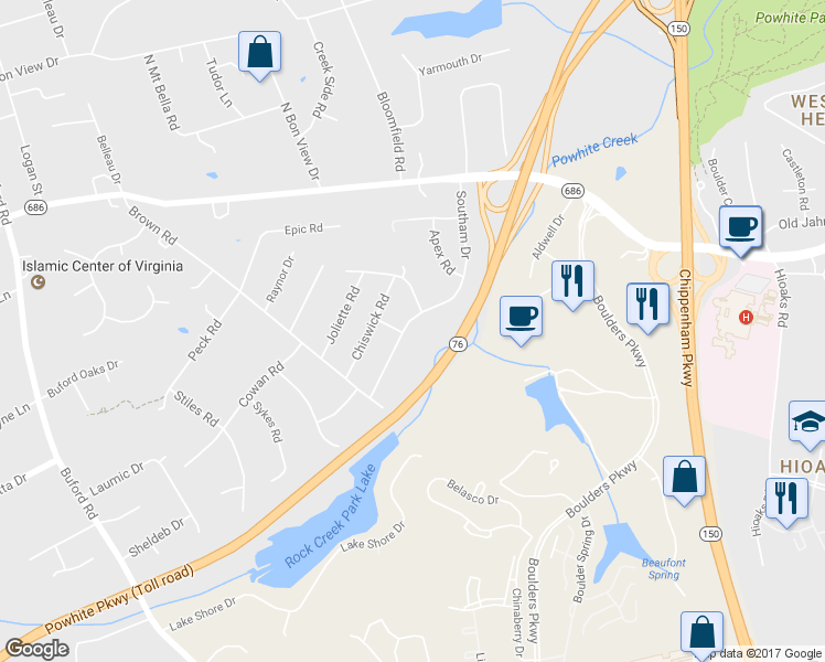 map of restaurants, bars, coffee shops, grocery stores, and more near 1107 Southam Drive in Richmond
