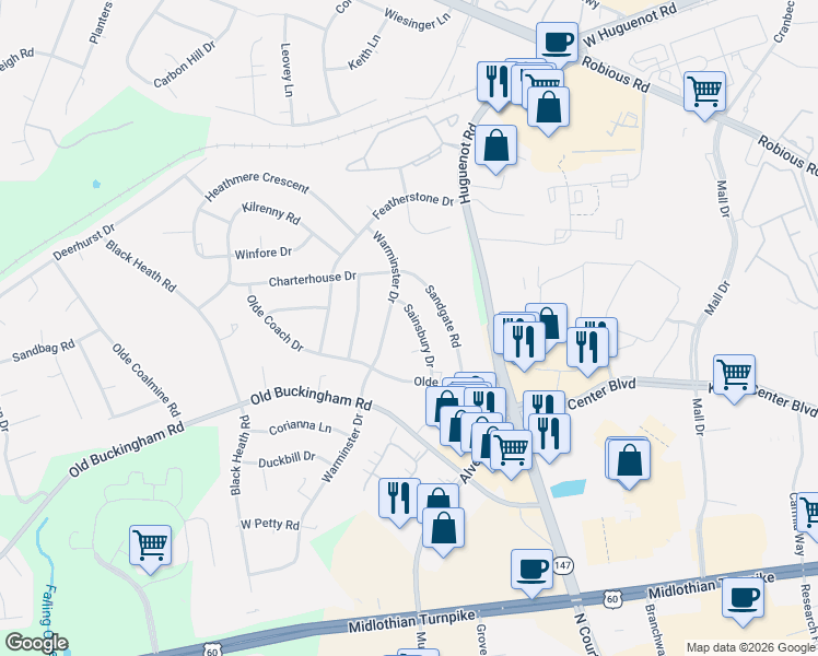 map of restaurants, bars, coffee shops, grocery stores, and more near 1609 Sainsbury Drive in Midlothian
