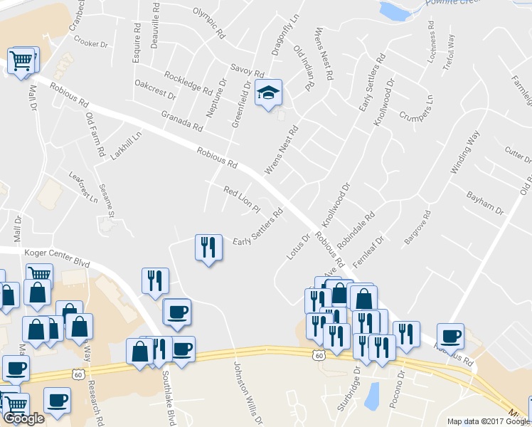 map of restaurants, bars, coffee shops, grocery stores, and more near 10606 Red Lion Place in Richmond