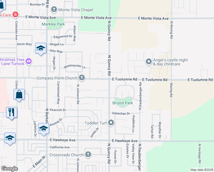 map of restaurants, bars, coffee shops, grocery stores, and more near 2251 North Quincy Road in Turlock