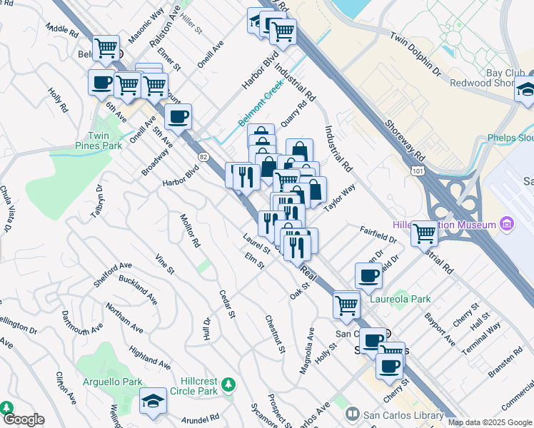 map of restaurants, bars, coffee shops, grocery stores, and more near 11 El Camino Real in San Carlos