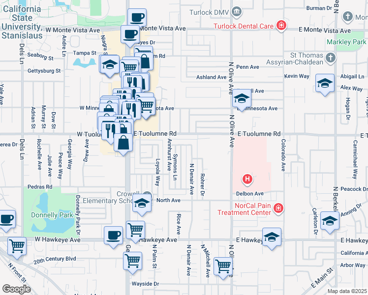 map of restaurants, bars, coffee shops, grocery stores, and more near 2165 Xavier Avenue in Turlock
