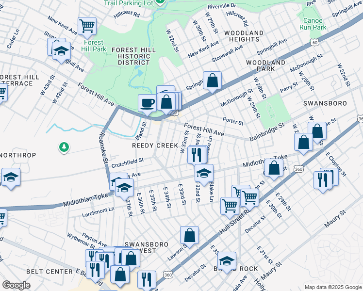 map of restaurants, bars, coffee shops, grocery stores, and more near 200 West 33rd Street in Richmond