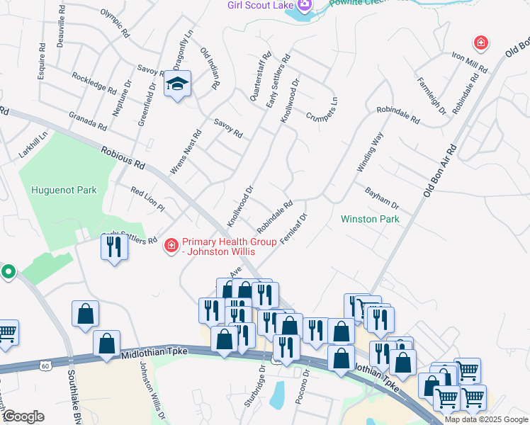 map of restaurants, bars, coffee shops, grocery stores, and more near 10301 Huntersdell Lane in Richmond