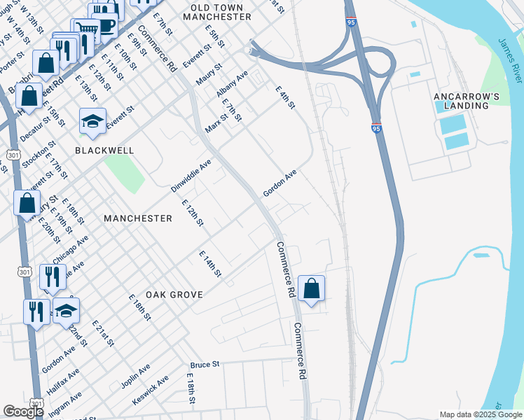 map of restaurants, bars, coffee shops, grocery stores, and more near 1100 Commerce Rd in Richmond