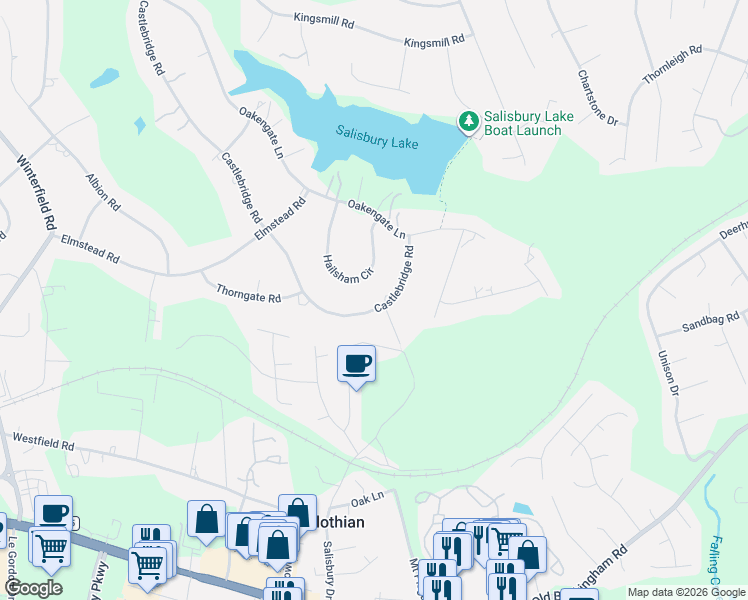 map of restaurants, bars, coffee shops, grocery stores, and more near 1915 Castlebridge Road in Midlothian