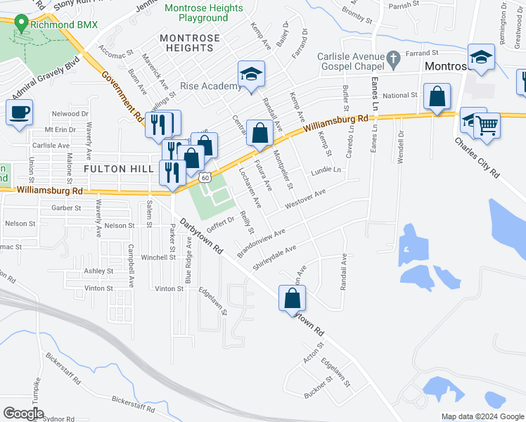 map of restaurants, bars, coffee shops, grocery stores, and more near 5215 Lockhaven Avenue in Henrico