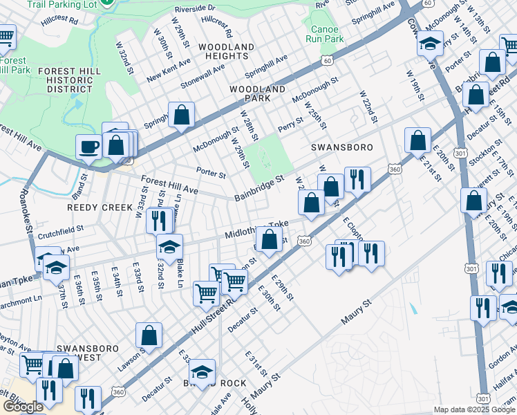 map of restaurants, bars, coffee shops, grocery stores, and more near 2809 Barry Street in Richmond