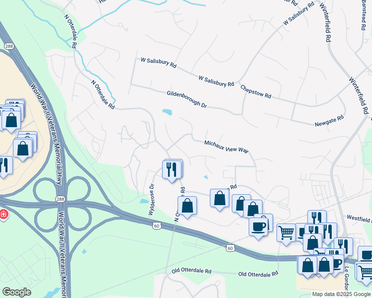 map of restaurants, bars, coffee shops, grocery stores, and more near 313 Michaux Crossing Lane in Midlothian