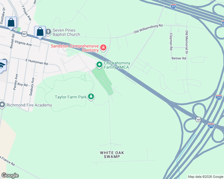 map of restaurants, bars, coffee shops, grocery stores, and more near 254 Greenpark Road in Sandston