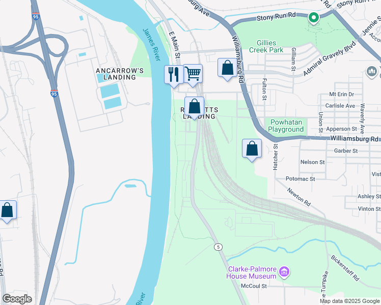 map of restaurants, bars, coffee shops, grocery stores, and more near 5101 Old Main Street in Richmond