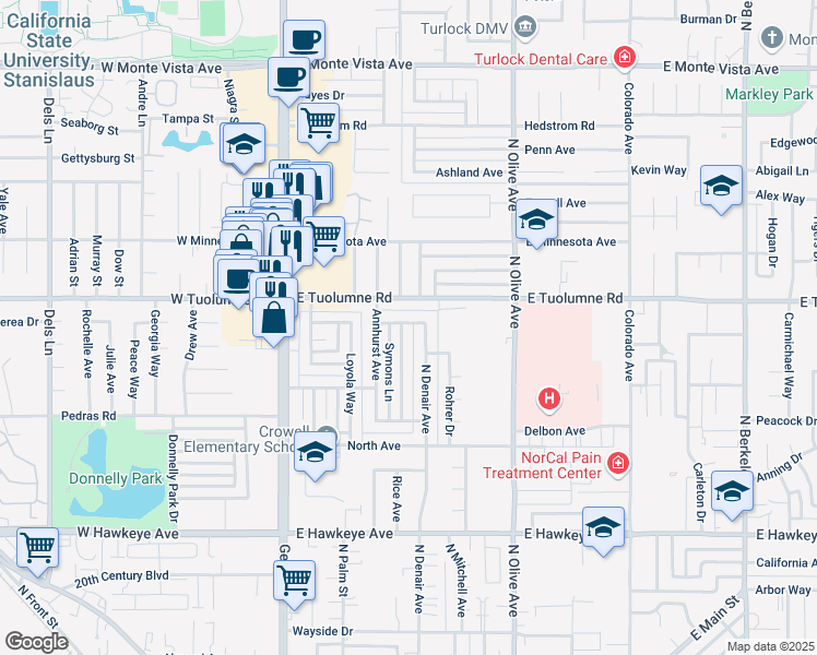 map of restaurants, bars, coffee shops, grocery stores, and more near 2165 Xavier Avenue in Turlock