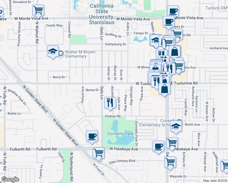 map of restaurants, bars, coffee shops, grocery stores, and more near 2281 Rochelle Avenue in Turlock