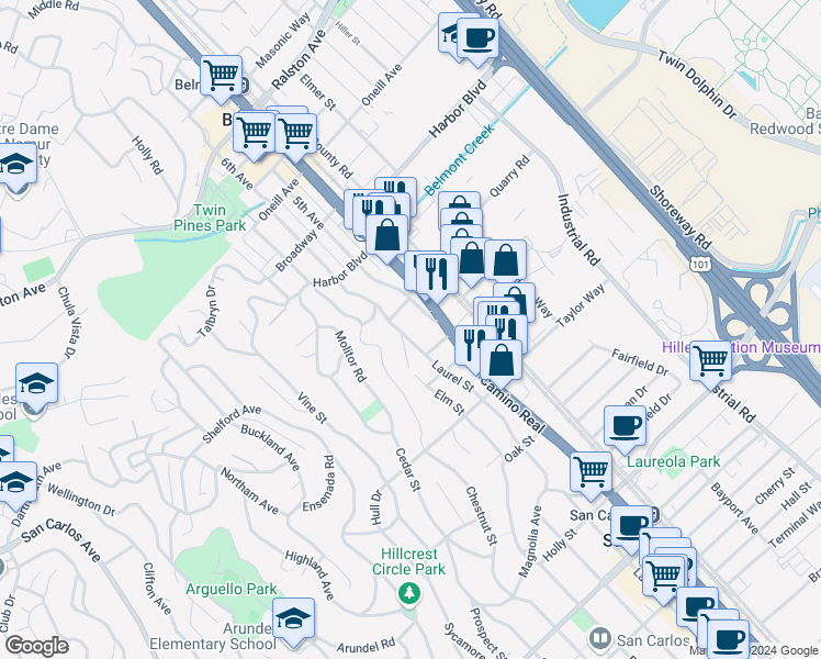 map of restaurants, bars, coffee shops, grocery stores, and more near 1633 6th Avenue in Belmont