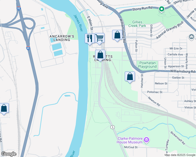 map of restaurants, bars, coffee shops, grocery stores, and more near 5101 Old Main Street in Richmond