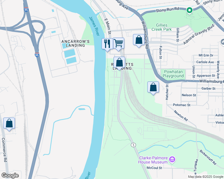 map of restaurants, bars, coffee shops, grocery stores, and more near 5101 Old Main Street in Richmond