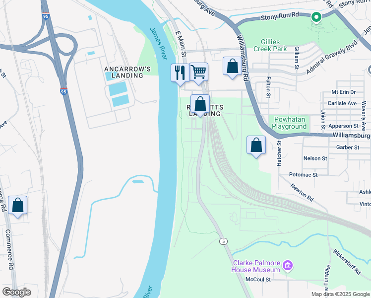 map of restaurants, bars, coffee shops, grocery stores, and more near 5101 Old Main Street in Richmond