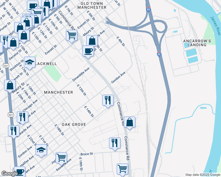 map of restaurants, bars, coffee shops, grocery stores, and more near 1100 Commerce Rd in Richmond